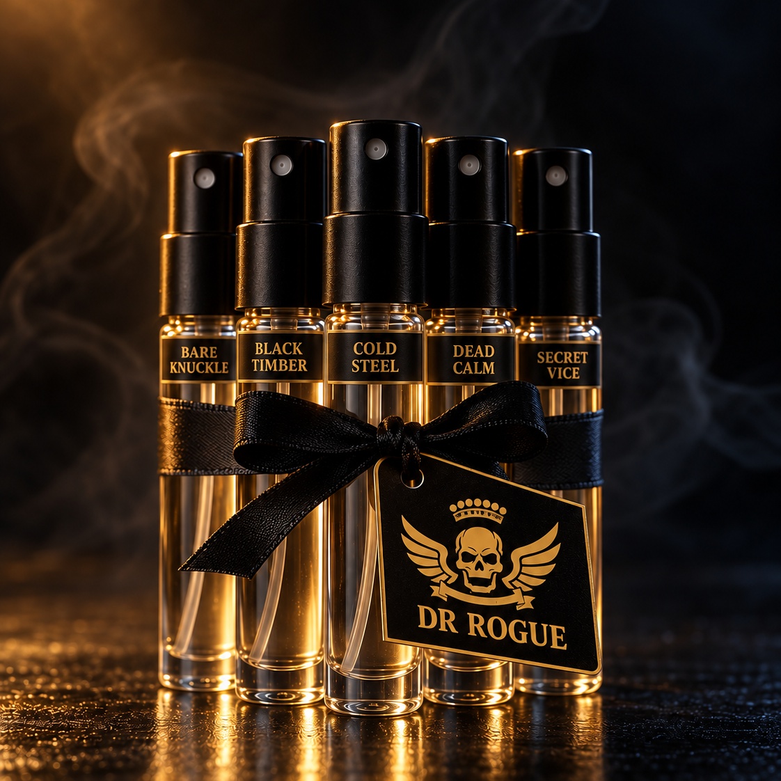 Dr Rogue Sample Pack — five 2mL travel spray vials of Bare Knuckle, Black Timber, Cold Steel, Dead Calm, and Secret Vice, tied with black ribbon